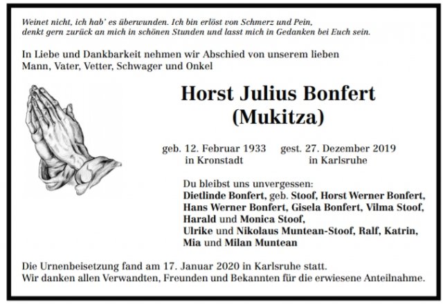 Bonfert Horst Julius 1933-2019 Todesanzeige